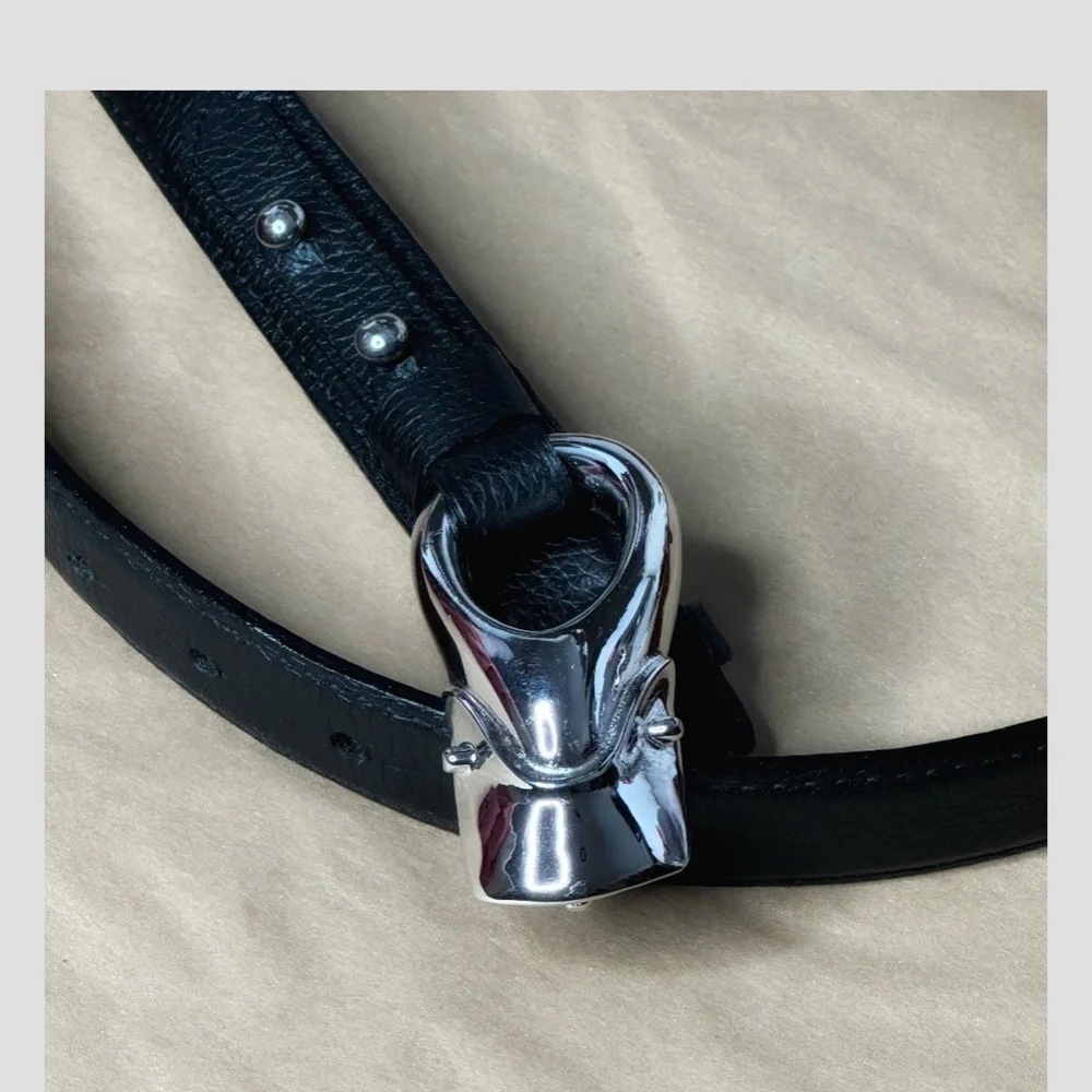 Brian Toohey Pebbled Leather Belt Black Silver Hardware Buckle Size Small 30/34